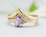 Set of 2 Oval faceted amethyst ring with tiny round diamonds side set with 14k gold band set with 14k gold band ring with tiny 3 diamond