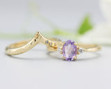 Set of 2 Oval faceted amethyst ring with tiny round diamonds side set with 14k gold band set with 14k gold band ring with tiny 3 diamond