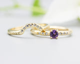 Set of 2 Round faceted amethyst ring with tiny diamonds on 14k gold band set with 14k gold band ring with tiny 7 diamond on the center