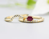 Set of 2 Oval faceted Ruby ring with tiny diamonds on 14k gold band set with 14k gold band ring with tiny 7 diamond on the center