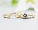 Set of 2 Oval faceted blue sapphire ring with tiny diamonds on 14k gold band set with 14k gold band ring with tiny 7 diamond on the center