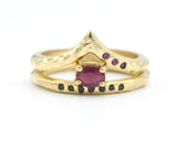 Set of 2 Oval faceted ruby ring and black spinel on 14k gold band set with 14k gold with hammer band ring with tiny 3 ruby on the side