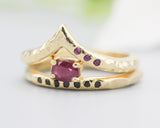 Set of 2 Oval faceted ruby ring and black spinel on 14k gold band set with 14k gold with hammer band ring with tiny 3 ruby on the side