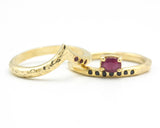 Set of 2 Oval faceted ruby ring and black spinel on 14k gold band set with 14k gold with hammer band ring with tiny 3 ruby on the side