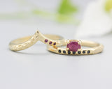 Set of 2 Oval faceted ruby ring and black spinel on 14k gold band set with 14k gold with hammer band ring with tiny 3 ruby on the side