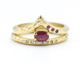 Set of 2 Oval faceted Ruby ring with tiny diamonds on 14k gold band set with 14k gold with hammer band ring with tiny 3 ruby on the side