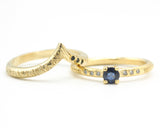 Set of 2 Round faceted blue sapphire ring and diamonds on 14k gold band set with 14k gold band ring with tiny 3 blue sapphire on the side