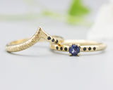 Set of 2 Round faceted blue sapphire ring and tiny black spinel on 14k gold band set with 14k gold band ring with tiny 3 blue sapphire