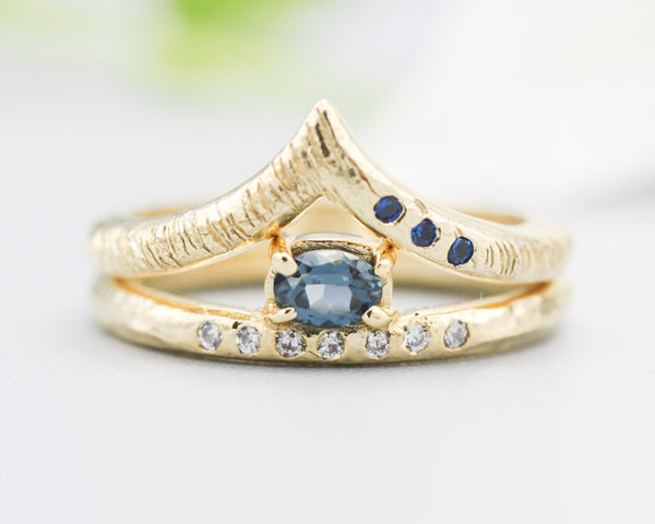 Set of 2 Oval faceted blue sapphire ring with tiny diamonds on 14k gold band set with 14k gold band ring with tiny 3 blue sapphire
