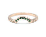 14k rose gold with line texture design band ring with tiny 7 emerald on the center