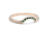 14k rose gold with line texture design band ring with tiny 7 emerald on the center