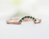 14k rose gold with line texture design band ring with tiny 7 emerald on the center