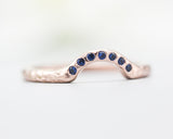 14k rose gold with hammer texture design band ring with tiny 7 blue sapphire on the center