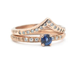 Set of 2 Round faceted blue sapphire ring with tiny diamonds on 14k Rose gold band set with 14k rose gold ring with 15 diamond on the center