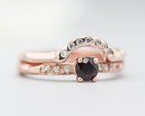 Set of 2 Round faceted garnet ring with tiny diamonds on 14k Rose gold band set with 14k rose gold ring with 7 diamond on the center
