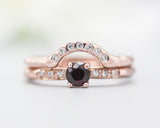 Set of 2 Round faceted garnet ring with tiny diamonds on 14k Rose gold band set with 14k rose gold ring with 7 diamond on the center