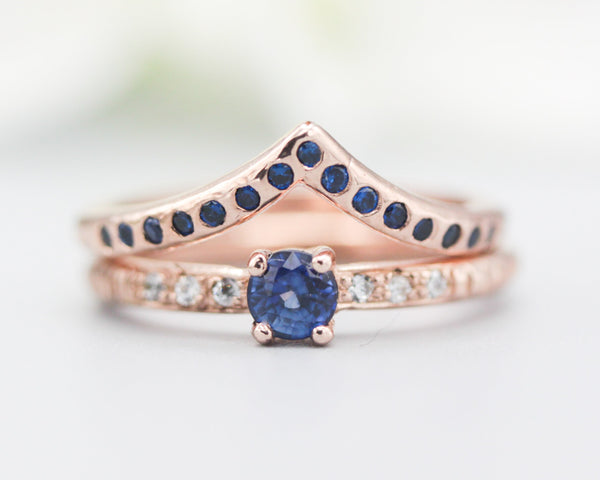 Set of 2 Round faceted blue sapphire ring with tiny diamonds on 14k Rose gold band set with 14k rose gold ring with 15 blue sapphire