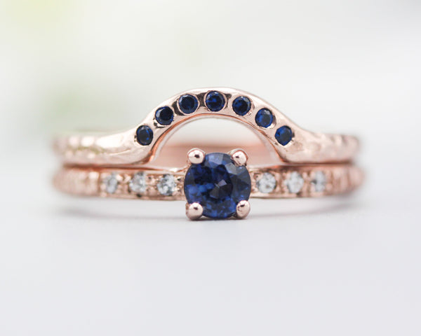 Set of 2 Round faceted blue sapphire ring with tiny diamonds on 14k Rose gold band set with 14k rose gold ring with 7 blue sapphire