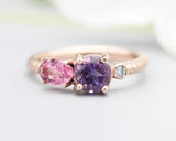 14k Rose gold wedding ring with Amethyst, pink tourmaline, diamond gemstone in bezel and prongs setting