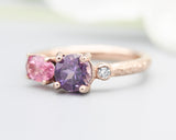 14k Rose gold wedding ring with Amethyst, pink tourmaline, diamond gemstone in bezel and prongs setting