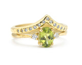 Set of 2 Oval Peridot ring and diamond side set in prongs setting with 14k gold band set with 14k gold band ring and tiny 15 diamond
