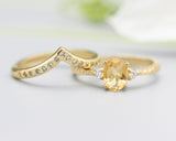 Set of 2 Oval Citrine ring and diamond side set in prongs setting with 14k gold band set with 14k gold band ring and tiny 15 diamond