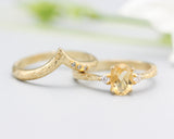 Set of 2 Oval faceted citrine ring with tiny round diamonds side set with 14k gold band set with 14k gold band ring with tiny 3 diamond