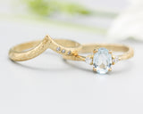 Set of 2 Oval faceted blue topaz ring with tiny round diamonds side set with 14k gold band set with 14k gold band ring with tiny 3 diamond