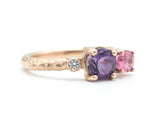 14k Rose gold wedding ring with Amethyst, pink tourmaline, diamond gemstone in bezel and prongs setting