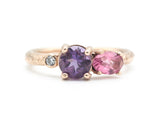 14k Rose gold wedding ring with Amethyst, pink tourmaline, diamond gemstone in bezel and prongs setting