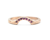 14k rose gold with wood texture design band ring with tiny 7 ruby on the center