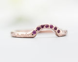 14k rose gold with wood texture design band ring with tiny 7 ruby on the center