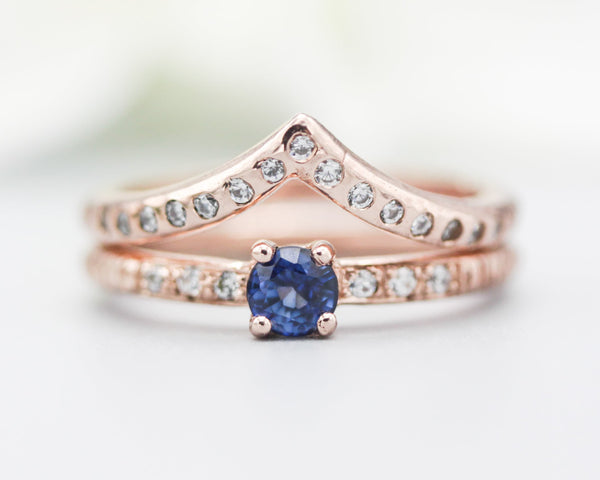 Set of 2 Round faceted blue sapphire ring with tiny diamonds on 14k Rose gold band set with 14k rose gold ring with 15 diamond on the center