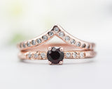 Set of 2 Round faceted garnet ring with tiny diamonds on 14k Rose gold band set with 14k rose gold ring with 15 diamond on the center
