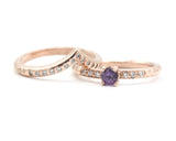 Set of 2 Round faceted Amethyst ring with tiny diamonds on 14k Rose gold band set with 14k rose gold ring with 15 diamond on the center