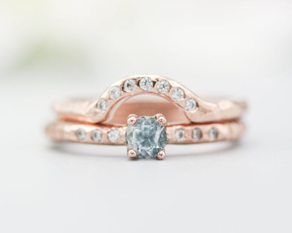 Set of 2 Round faceted blue topaz ring with tiny diamonds on 14k Rose gold band set with 14k rose gold ring with 7 diamond on the center