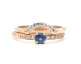 Set of 2 Round faceted blue sapphire ring with tiny diamonds on 14k Rose gold band set with 14k rose gold ring with 7 diamond on the center