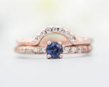 Set of 2 Round faceted blue sapphire ring with tiny diamonds on 14k Rose gold band set with 14k rose gold ring with 7 diamond on the center