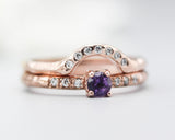 Set of 2 Round faceted Amethyst ring with tiny diamonds on 14k Rose gold band set with 14k rose gold ring with 7 diamond on the center