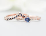 Set of 2 Round faceted blue sapphire ring with tiny diamonds on 14k Rose gold band set with 14k rose gold ring with 15 blue sapphire