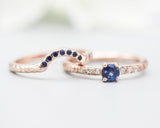 Set of 2 Round faceted blue sapphire ring with tiny diamonds on 14k Rose gold band set with 14k rose gold ring with 7 blue sapphire