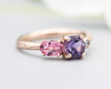 14k Rose gold wedding ring with Amethyst, pink tourmaline, diamond gemstone in bezel and prongs setting