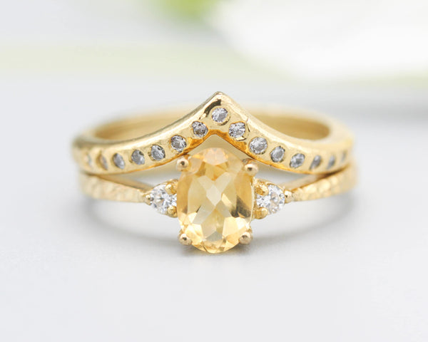 Set of 2 Oval Citrine ring and diamond side set in prongs setting with 14k gold band set with 14k gold band ring and tiny 15 diamond