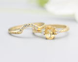 Set of 2 Oval faceted citrine ring with tiny round diamonds side set with 14k gold band ring with tiny 7 diamond on the center