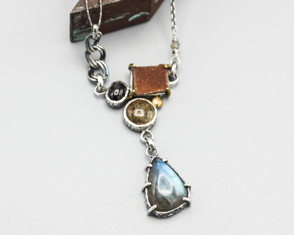 Triangle labradorite pendant necklace with brown Druzy, black Star Diopside and round Rutilated gemstone