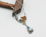 Triangle labradorite pendant necklace with brown Druzy, black Star Diopside and round Rutilated gemstone