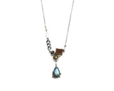 Triangle labradorite pendant necklace with brown Druzy, black Star Diopside and round Rutilated gemstone