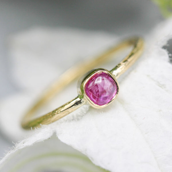 Square pink sapphire ring in bezel setting with 18k gold texture band