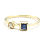 Princess cut Blue sapphire ring in bezel settings and tiny diamond with 18k gold high polished band