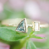 Triangle green sapphire ring and tiny rectangle diamond with 18k gold texture band